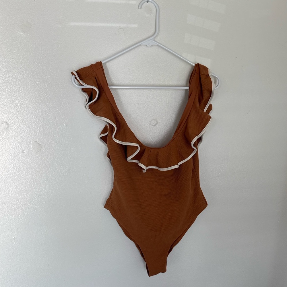 Eberjey Ruffle One Piece Swimsuit S/P Rust Brown Textured